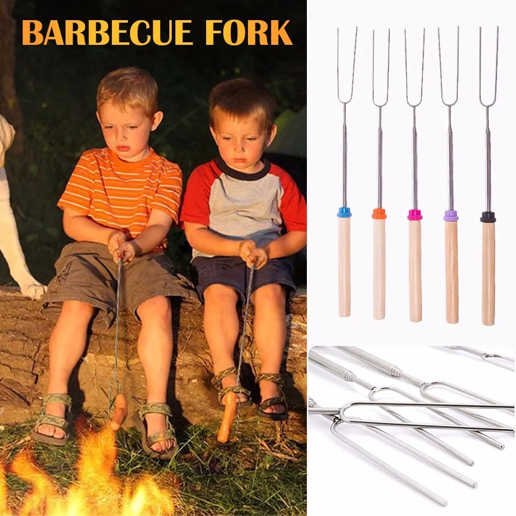 Stainless Steel Barbecue Fork Useful Wooden Handle BBQ Marshmallow Roasting Stick Extending Roaster Telescoping Tool #30 |