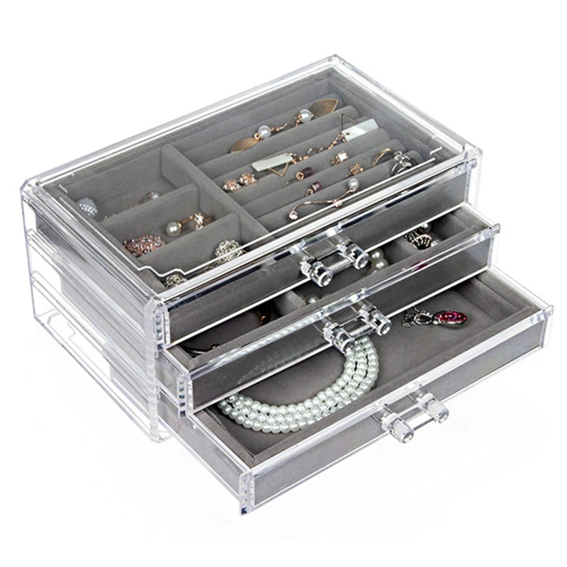 

Hot Sale Drawers Jewelry Organizer Box For Necklaces Case 3 Layers Earring Storage Display Tray Ring Makeup Holder Bin