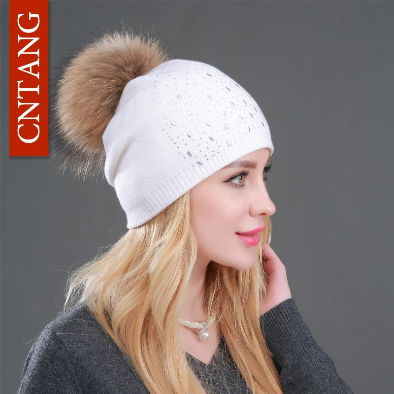 

Multiple Styles Women Wool Knitted Hats Fashion Rivet With Natural Real Raccoon Fur Pompom Cap Beanies Winter Warm Hat For women