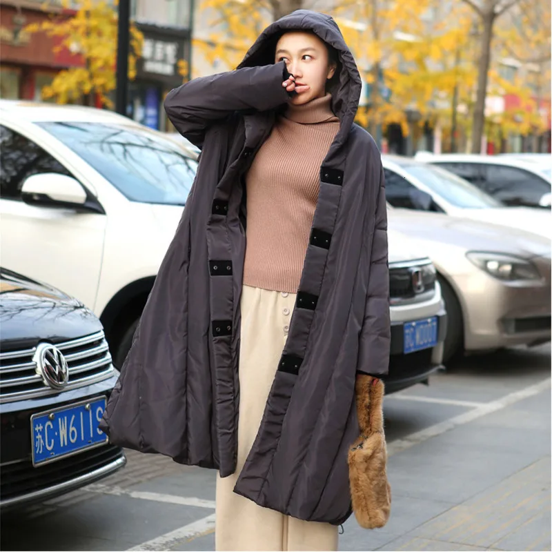 

Fashion Tide Solid Color Down Jacket Women Plus Long Hooded Collar Warm Zipper Jacket Over The Knee Down Jacket 19B-a115