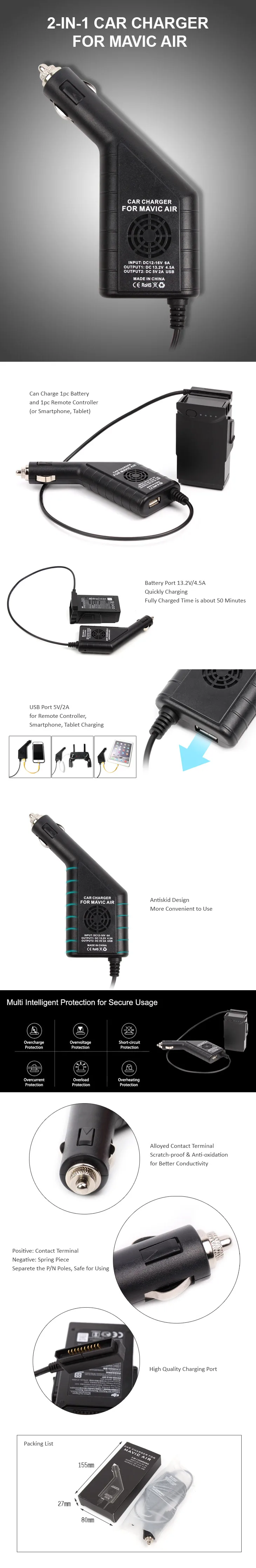 Пульт дистанционного управления Mavic Air автомобильное зарядное устройство с usb-портом 2в1 для DJI MAVIC AIR комплектующие для Дронов USB Автомобильное зарядное устройство