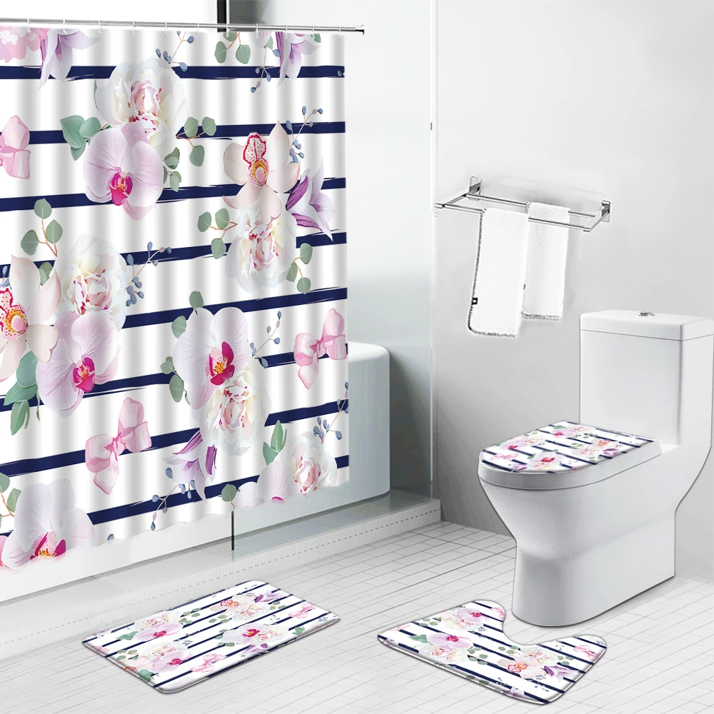 

Pink Flowers Rose Elegant Printed Shower Curtain Set Non Slip Bath Mat Women Bathing Bathroom Decor Carpet Toilet Lid Cover Rugs