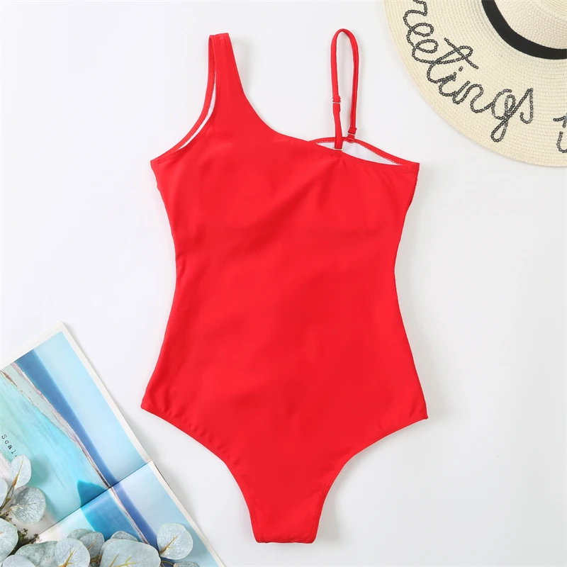 Red One-Piece Sexy Mesh Solid Colour Swimwear