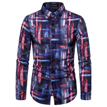 

2020 New Men's Spring Personality Retro Plaid 3D Printing Fashion Casual Long Sleeve Shirt Large Fit Elastic Men's Wear