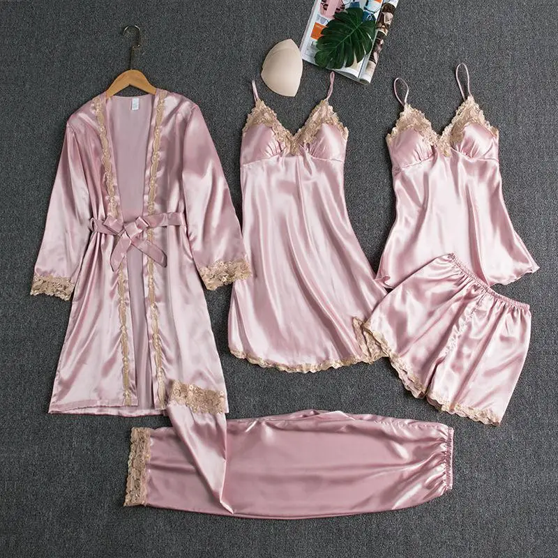 5PC Bridal Sleepwear Set Female Satin Pajamas | Sadoun.com