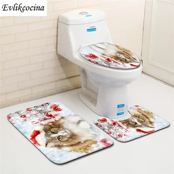 

Free Shipping 3 pcs Red Santa Hat Cat Bath Mat Set Anti Slip Bathroom Mat Set Tapete Banheiro Washable Toilet Rugs Alfombra Bano