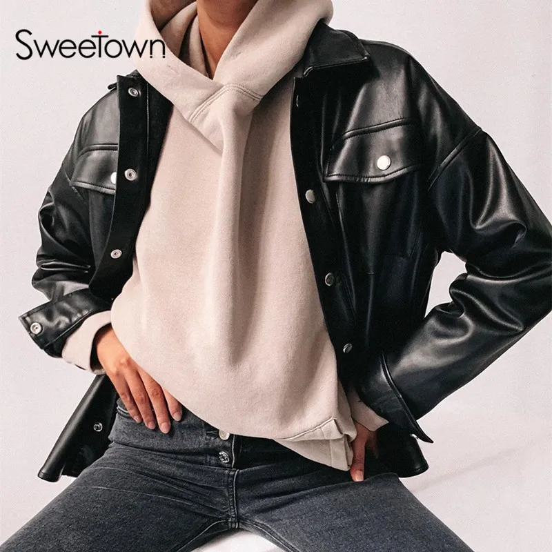 Sweetown, Черные Блузки из искусственной кожи, женская уличная одежда, на пуговицах, с отложным воротником, женские блузки, Manches Bouffantes