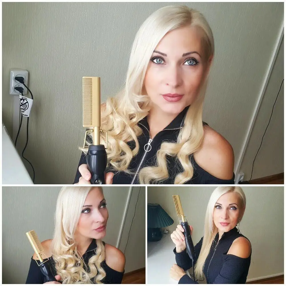 

Electric 450єF High Heat Hot Comb Ceramic Hair Straightener & Curls Hair Iron Environmentally Friendly Straightening Gold Comb