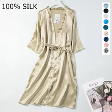 Чистый шелк женский халат для сна ночная рубашка с поясом один размер OT003