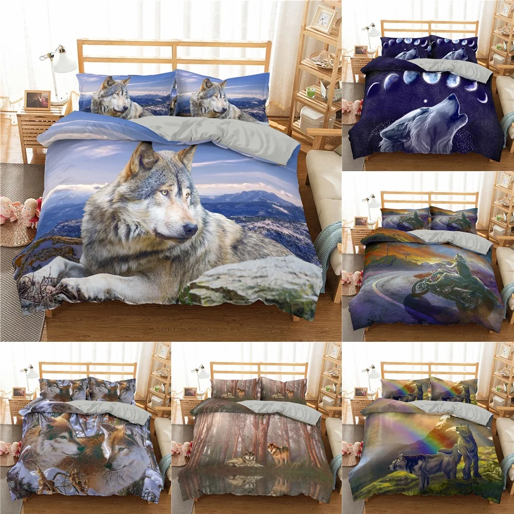 3D Forest Wolf Howling Duvet Cover Bedding Set Animal Quilt Cover Pillow Case 
