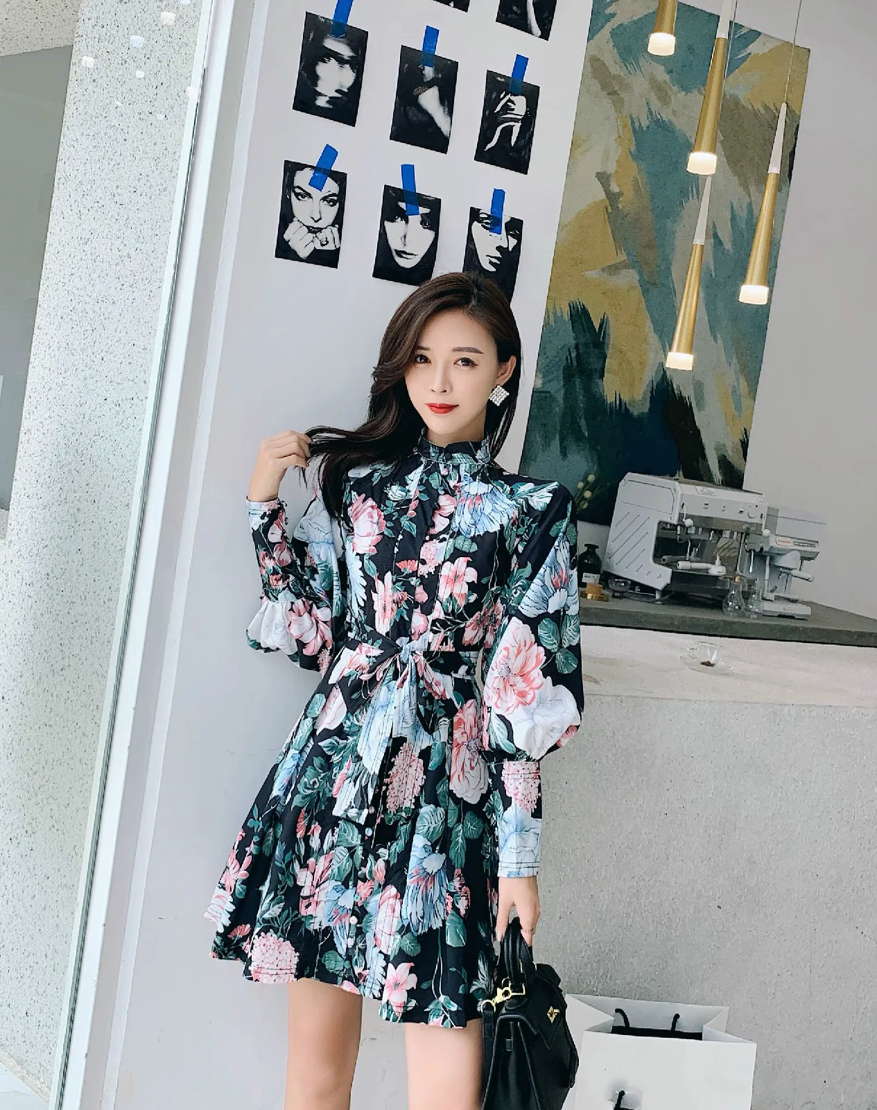 2019 Japanese style female holiday stand collar printed lantern sleeves single-breasted tie waist dress