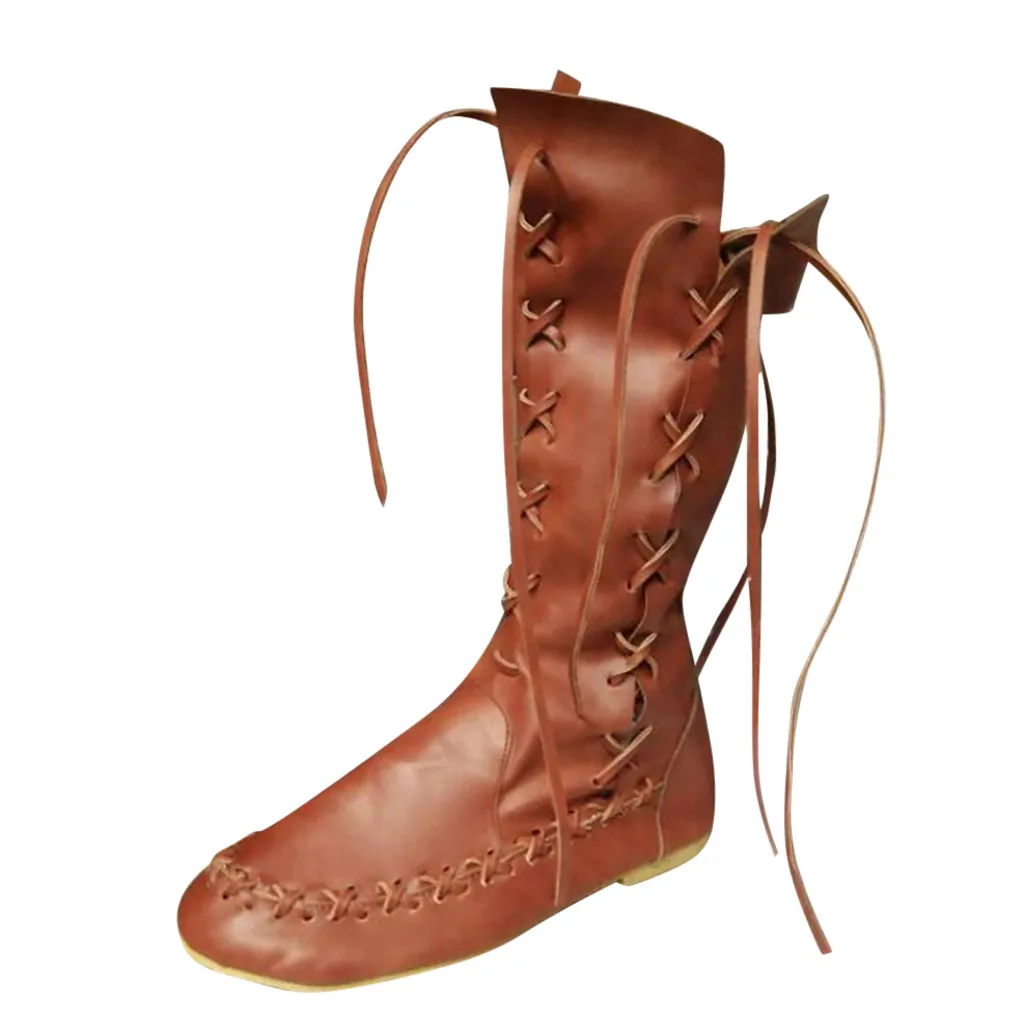 Женские ковбойские сапоги-гладиаторы в стиле ретро осенние кожаные сапоги до середины икры винтажные женские рыцарские сапоги на плоской подошве ботинки на шнуровке с ремешками - Цвет: Коричневый