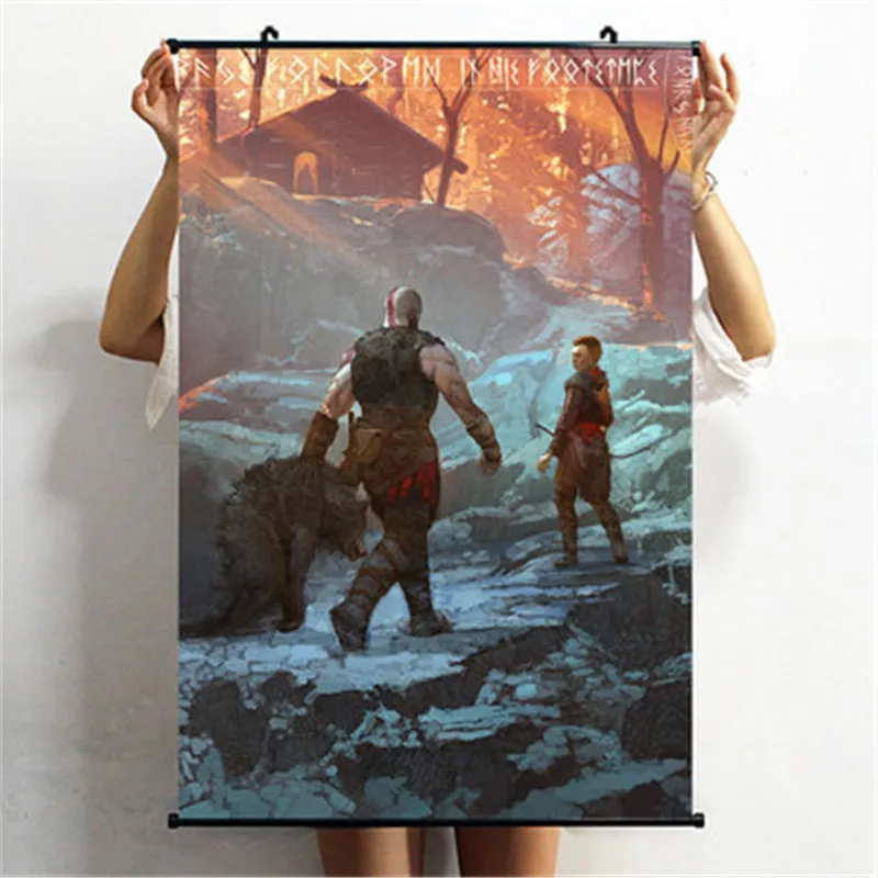 

God of War Kratos Atreus Poster Hang Picture Game Cloth Scroll Painting Action Figure Living Room Wall Art Decorations X2308