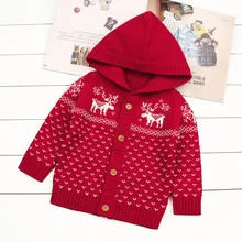 Детский зимний модный свитер для маленьких мальчиков и девочек, рождественские вязаные топы с капюшоном и рисунком оленя, теплое пальто одежда с длинными рукавами