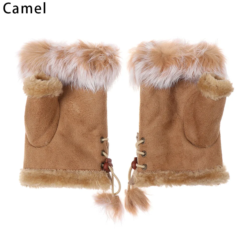 2-camel Зимние осенние теплые модные наручные перчатки для девочек из искусственного кроличьего меха, вязаные женские вязаные варежки без пальцев, перчатки с открытыми пальцами - Цвет: 2-camel
