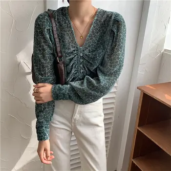 

HziriP 2020 High Street Velvet Hook Flowers V-Neck Pleated Tops Women Elegance Women All Match Loose Office Lady Chic Shirts