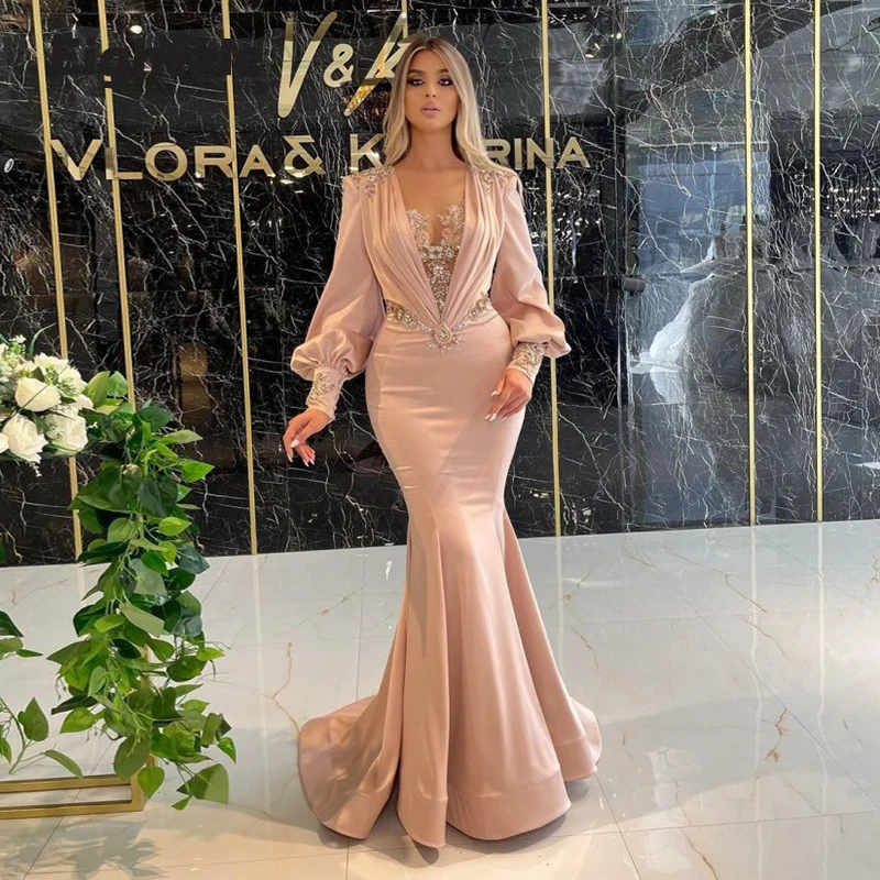 Eightale Arabic Evening Dresses Beaded Satin Mermaid Prom Gown Long Puff Sleeves Mother of Bride Custom Made Party Dress | Свадьбы и