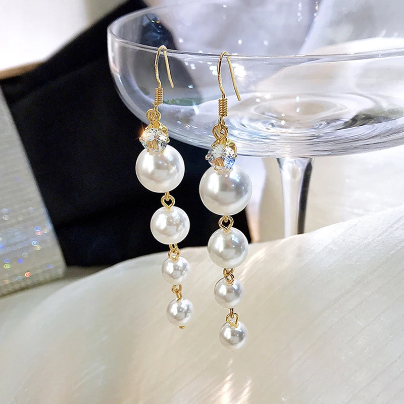 2021 Korean New Luxury Crystal Dangle Earring For Women Pearl Ball Long Tassel Cubic Zirconia Earring Girl Wedding Party Jewelry - Image 3