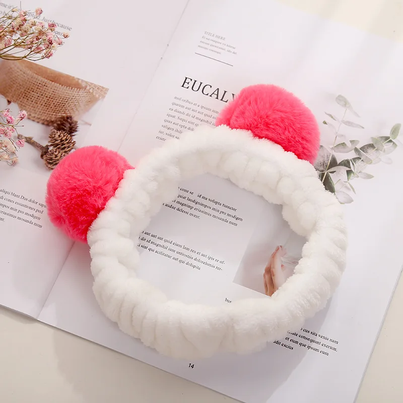 Elastic Cute Panda Ear Soft Carol Fleece Headband for Women Makeup Shower Washing Face Spa Mask Head Wraps