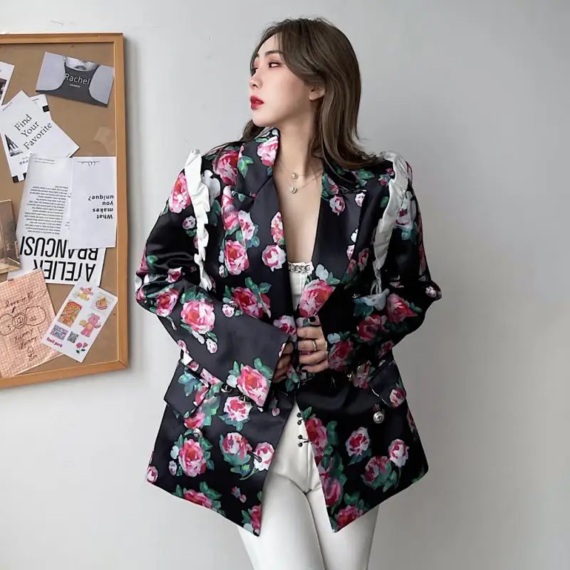 Fall Winter Street Retro Rose Print Designer Fashion Black Jacket Women Loose Long Sleeve Ruffles Patchwork Coat Brand Clothes |