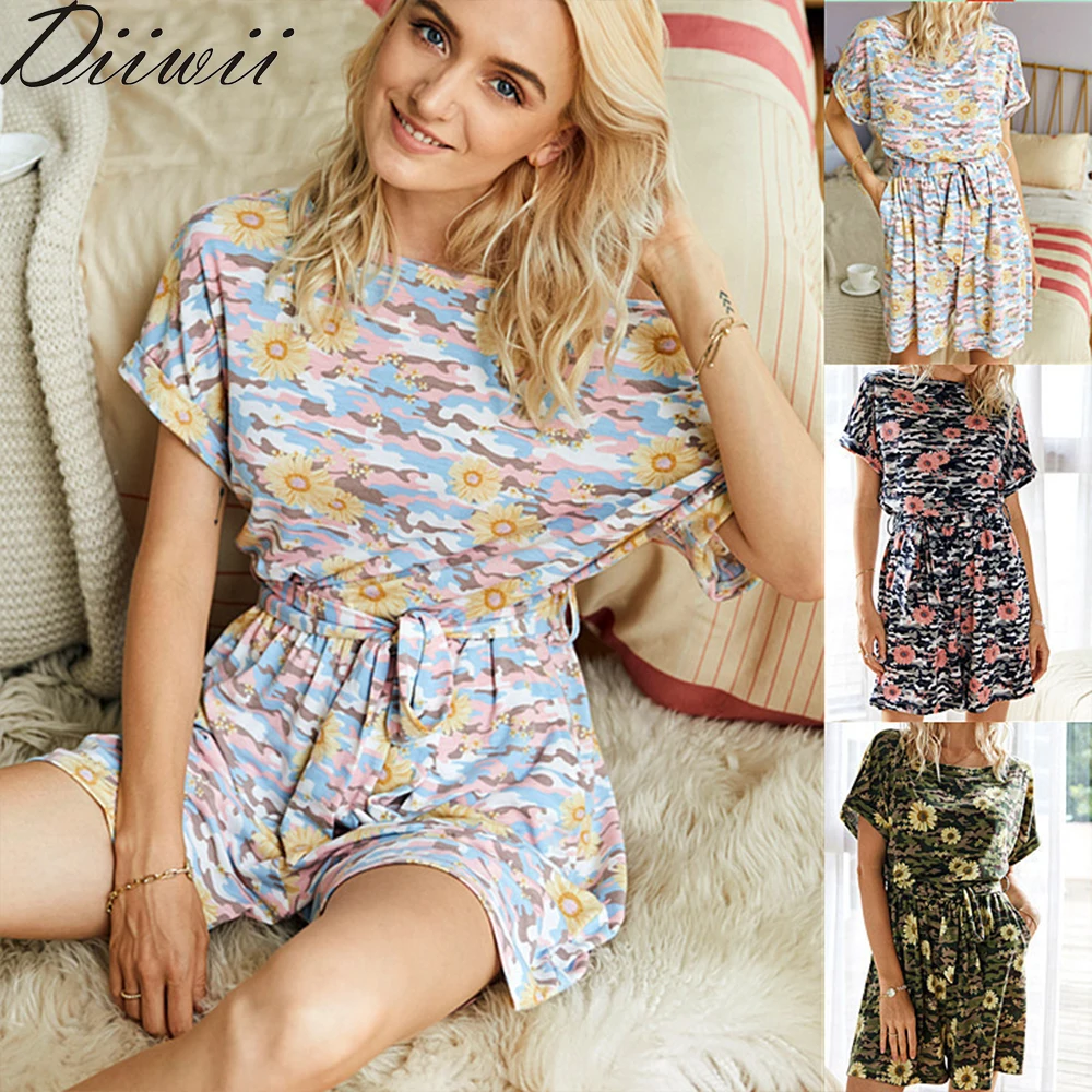 

Diiwii Woman Camouflage Short-Sleeved Jumpsuit Rumpers For Tie-Dye Printed Round Neck Loose Casual Summer Suit