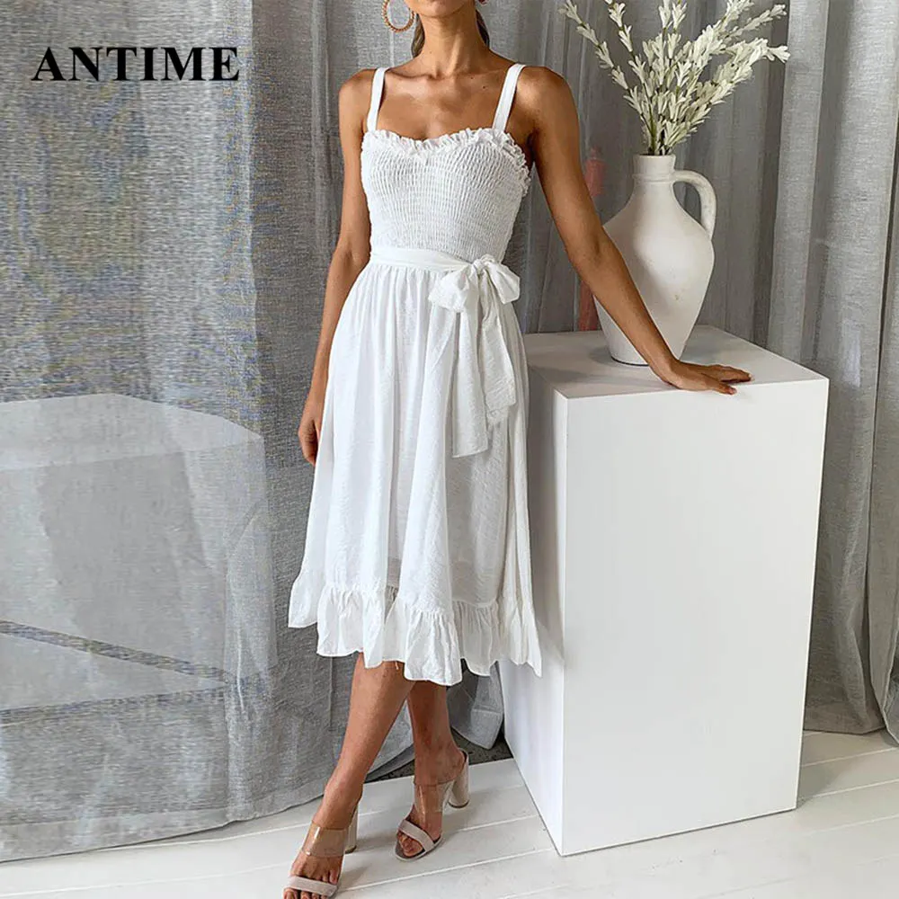 

Antime Ruffles Cotton Spaghetti Strap Women Dress Red Solid Belt Sleeveless Slash Neck Elegant Summer Party Midi Dress