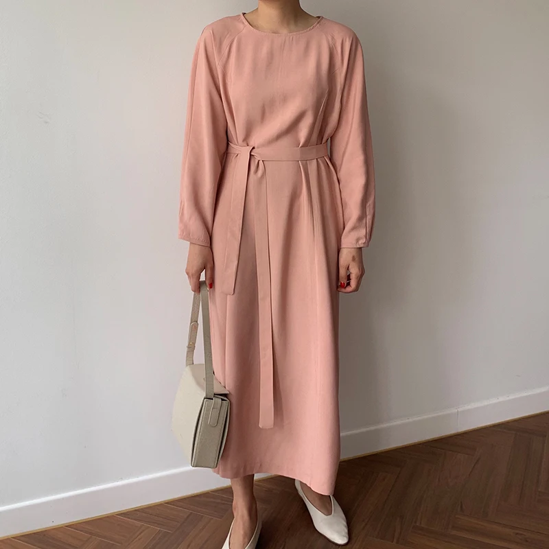 

[EWQ] Round Neck Long Sleeve Strap Shirt Dress Korean Style Fashion Casual Straight Pink Ladies Dresses 2019 Autumn New QK77401