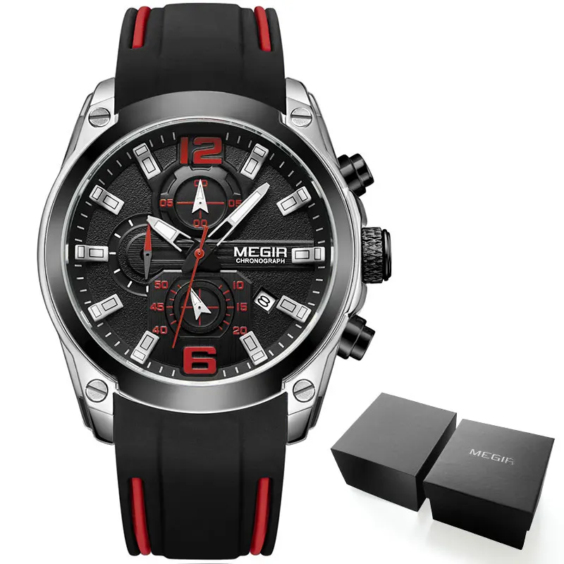 Megir Мужские кварцевые аналоговые часы с хронографом, спортивные Военные Силиконовые браслеты, светящиеся стрелки, индикатор Даты, наручные часы 2063G - Цвет: M2063-Silver Black