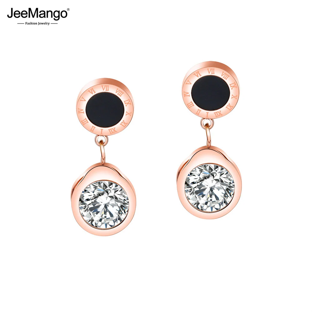 JeeMango Black Circle Design Earring Stainless Steel Cubic Zirconia Roman Numerals Stud Earrings For Women Brincos JE17092 | Украшения и