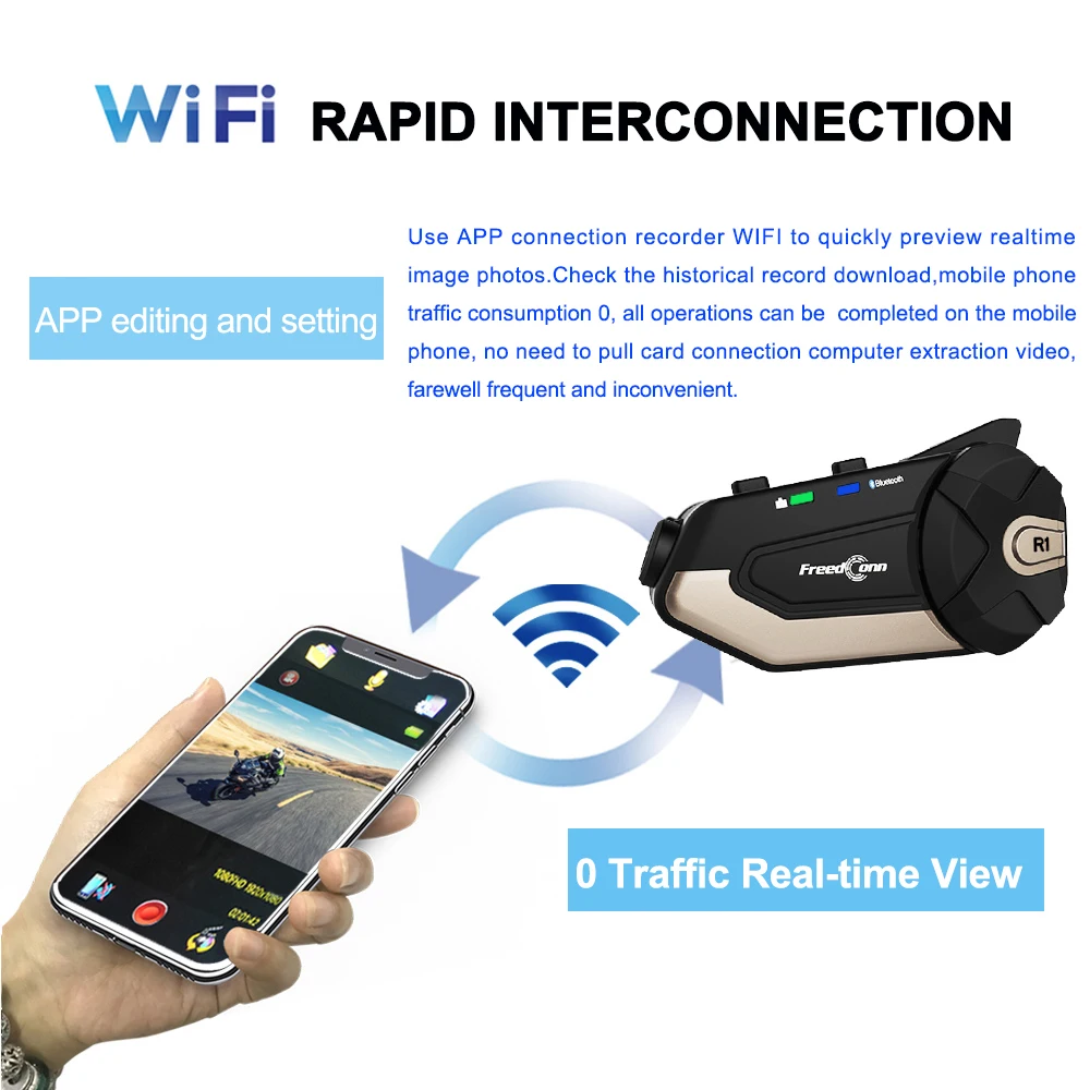  R1 WiFi Motorcycle Intercom 1080P HD Camera Motorcycle Bluetooth 4.1 Helmet Headset Intercom Interc