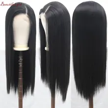 Парики из натуральных черных синтетических волос 13*6 дюймов на кружеве, прямые термостойкие волокна, натуральные волосы, средняя часть для женщин