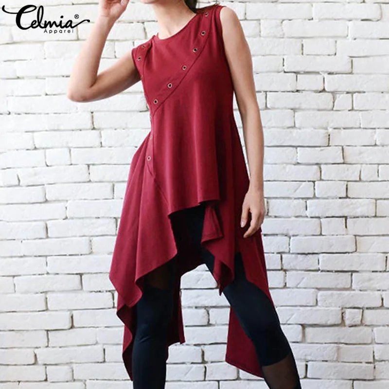 

Celmia Women Fashion Solid Blouses Casual Sleeveless O-Neck Ruffles Shirt Ladies Asymmetrical Tops Plus Size Summer Blusas Mujer