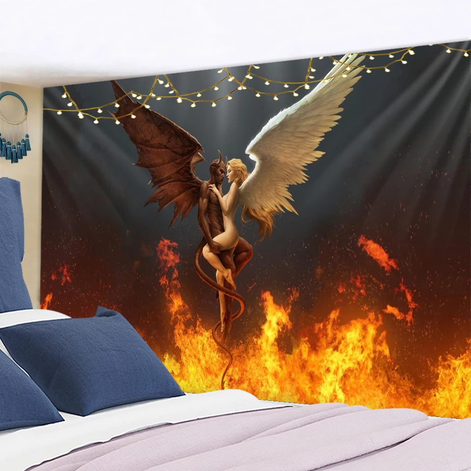 Angel Devil Witchcraft Tapestry Wall Hanging Hippie Carpets Dorm Decor Psychedelic Halloween