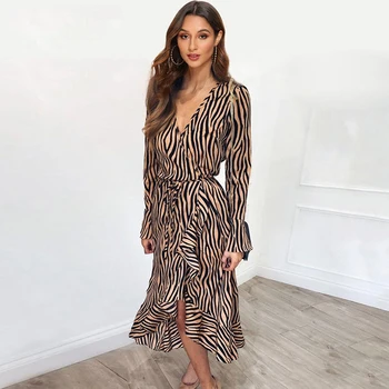 

Long Dresses Women Zebra Print Beach Bohemian Maxi Dress Casual Long Sleeve V Neck Ruffles Elegant Party Dress Vestidos