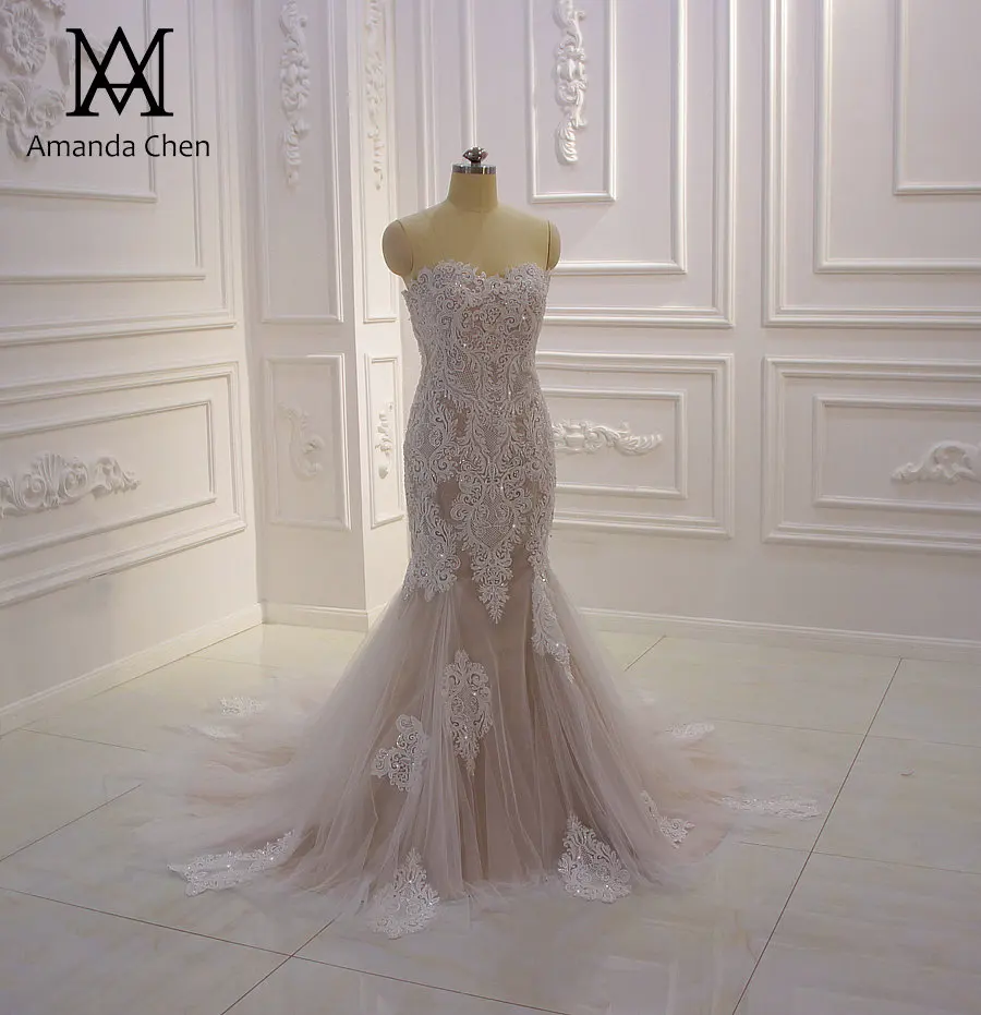 Vestiti da sposa Шампанское Русалка кружевная Апликация без бретелек свадебное платье