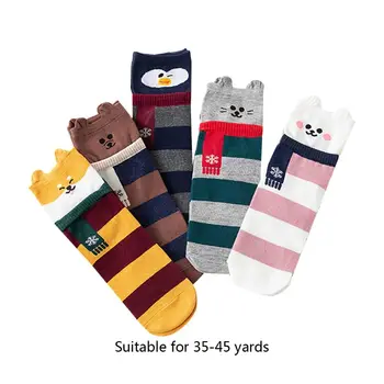 

THINKTHENDO 5 Pairs Women Stripes Cotton Crew Socks Cute Cartoon Scarf Animal Ears Hosiery