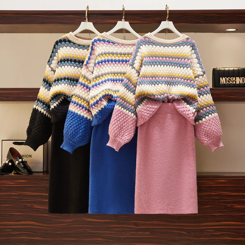 

High Quality Autumn Winter Vintage Knitted 2 Piece Set Women Korean Loose Pullover Sweater & Bodycon Mini Skirt Ensemble Femme