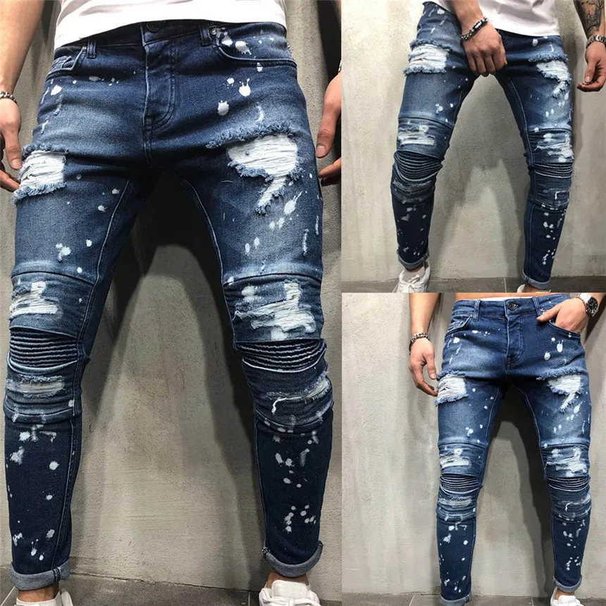 KLV мужские брюки, мужские осенние джинсовые хлопковые брюки, потертые джинсовые штаны Прямые рваные брюки Pantalon Homme
