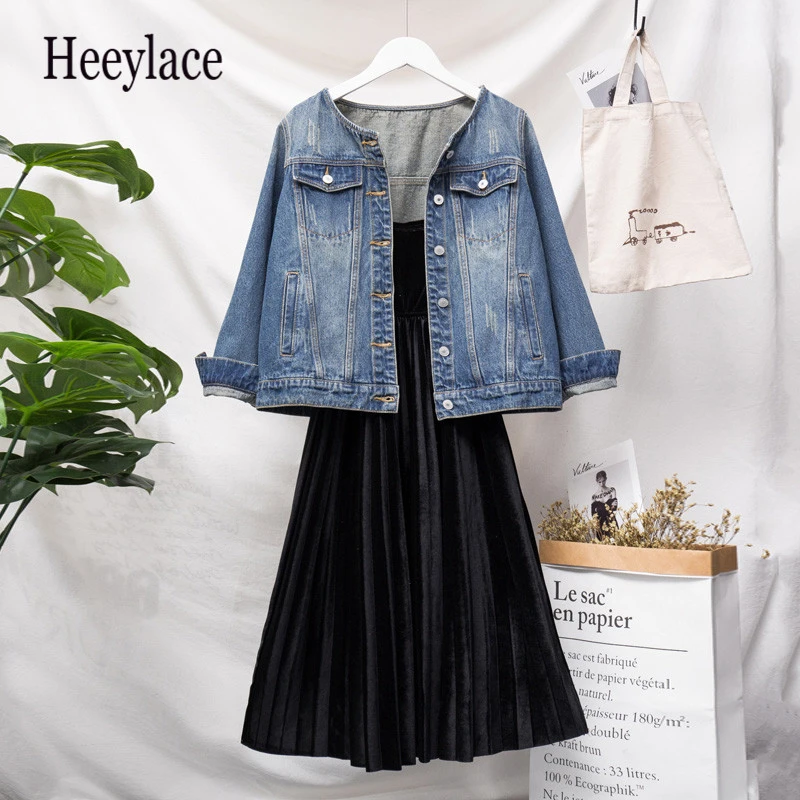 

Sexy Black Mesh Dress And Vintage Jeans Jacket Women Set Spring Autumn Sleeveless Dress Vestidos Denim Jacket Coat Women Outfits