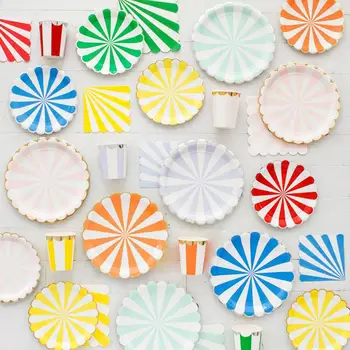 

54pc Hot Stamping Rainbow Strip Disposable Tableware Set Plate Adult Happy Birthday Party Decor Kids Wedding Unicorn Brithday