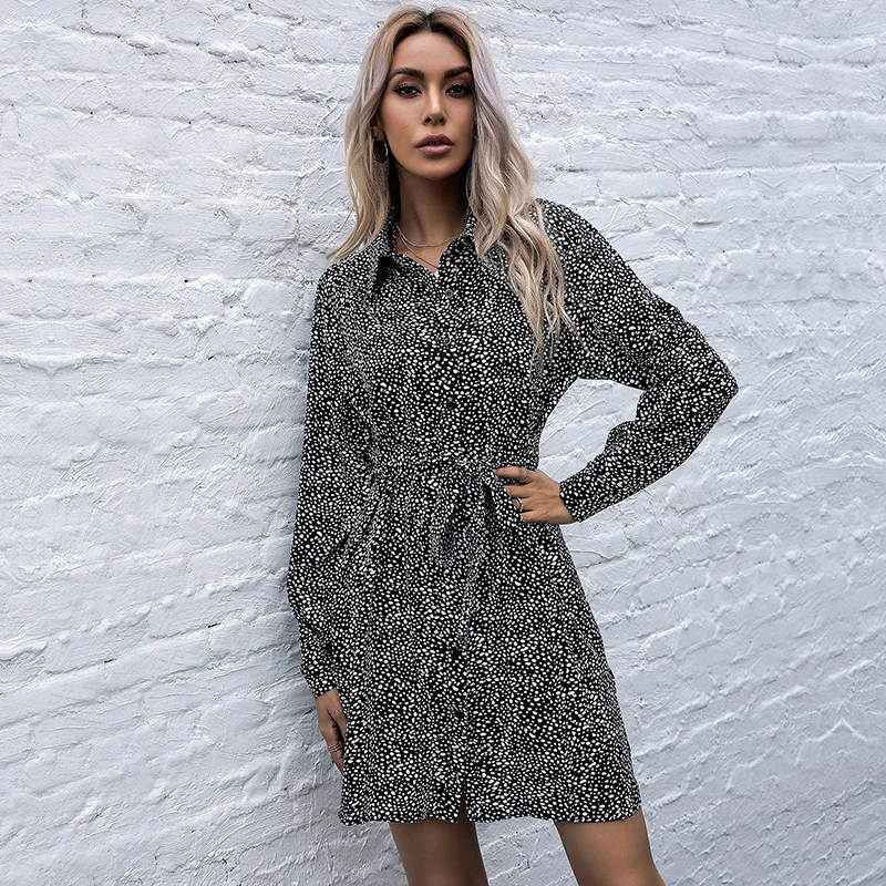 

2020 Women Autumn Leopard Single Row Button Dress Long Sleeves Lapel Sexy Lace-up A- line Dress
