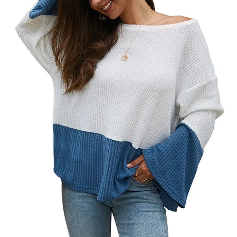 

Winter Autumn Sweater Women Color Matching Knitting Sweater Bell Long Sleeve Round Neck Loose Casual Patchwork Sweater