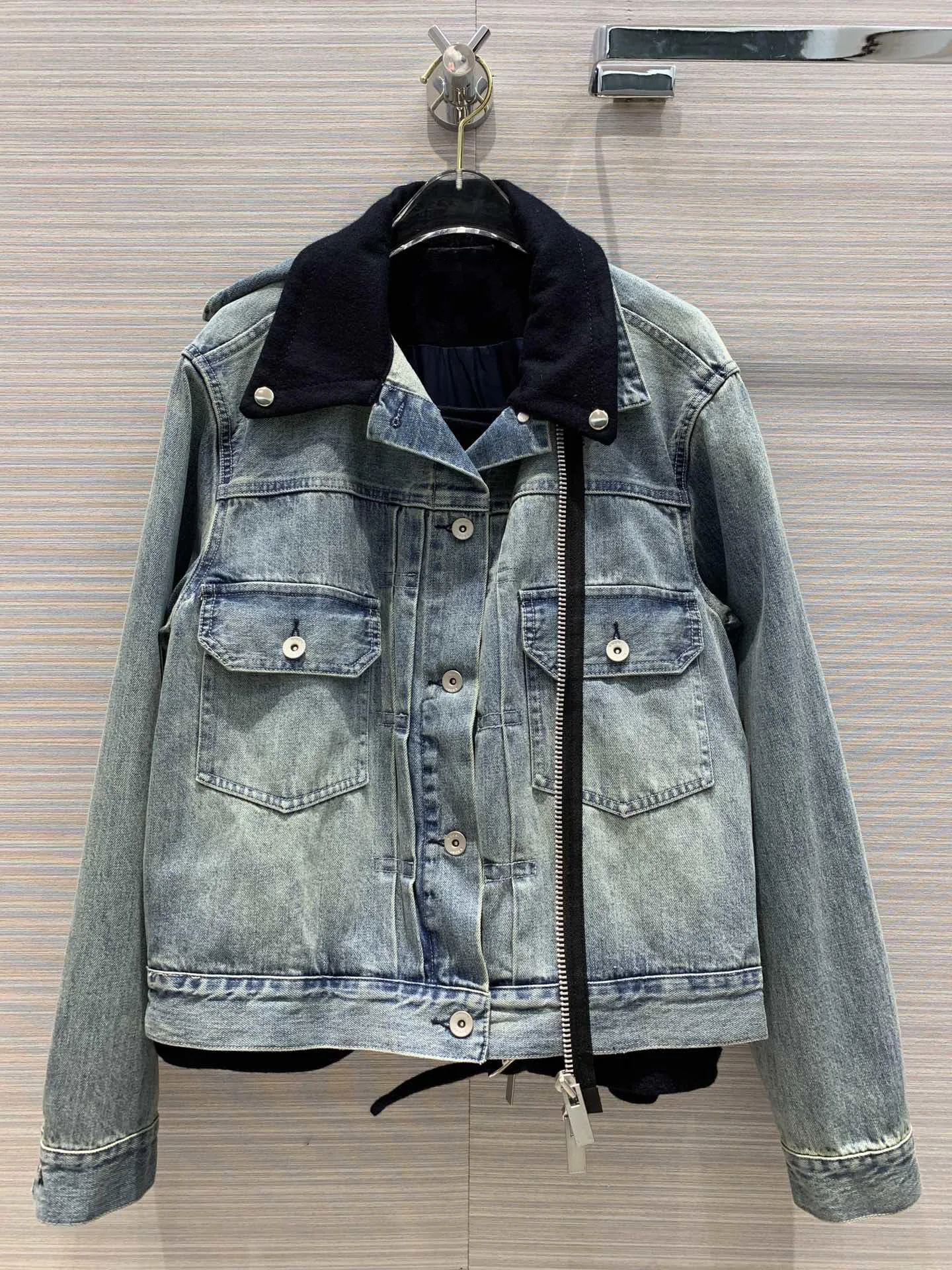 

2019 new ladies high quality fashion long sleeve lapel fake two piece wool lapel jacket denim jacket 0919