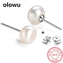 Olowu, настоящие серьги из натурального пресноводного жемчуга для женщин, 925 пробы, серебряные серьги-гвоздики, белый, розовый цвет, 7-8 мм
