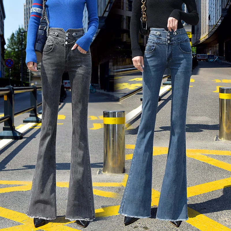 

2020 Fall Denim Flared Pants Women High Waist Skinny Stretch Jeans Casual Fashion Feminine Trousers Girlfriend Pants