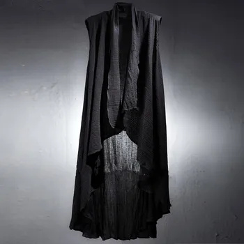 

Summer Men's Black Sleeveless Long Coat Vest Linen Open Stitch Outwear Cloak Gothic Thin D97