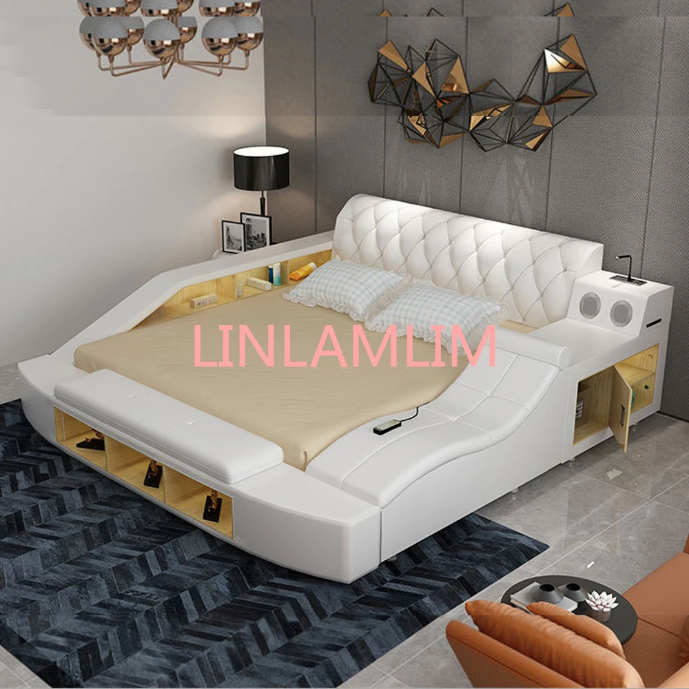 

Real Genuine leather bed Soft Beds Bedroom camas muebles de dormitorio yatak mobilya quarto massage speaker bluetooth storage