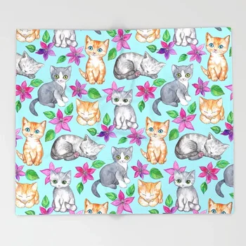 

Cat Cartoon Throws for Sofa Cute Kid Design Blankets Kittens and Clematis Christmas Decorations for Home Custom Blanket