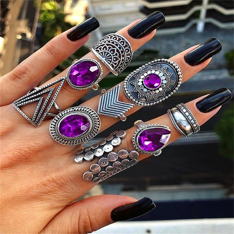 Большой Фиолетовый Кристалл Серебряные Кольца для суставов палец набор для женщин ювелирные изделия Винтаж панк треугольник цветок палец
