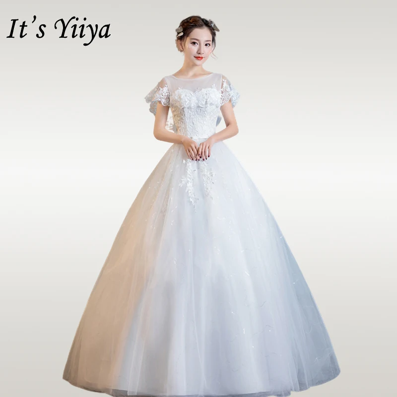 

It's YiiYa Wedding Dress Off Shoulder O-neck White Wedding Dresses Plus Size Elegant Long Bridal Gowns Vestido de novia OY071